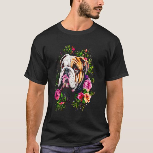 ウォーターカラーのイングリッシュ・ブルドッグと花 146 Tシャツ (正面)
