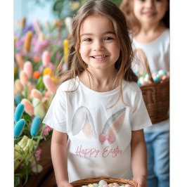 ウォーターカラーのイースターウサギの耳とピンクのリボンスプリング トドラーTシャツ