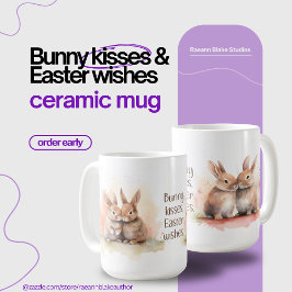 ウォーターカラーのイースターバニーのキス 陶器マグカップ コーヒーマグカップ