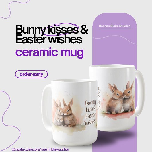 ウォーターカラーのイースターバニーのキス 陶器マグカップ コーヒーマグカップ