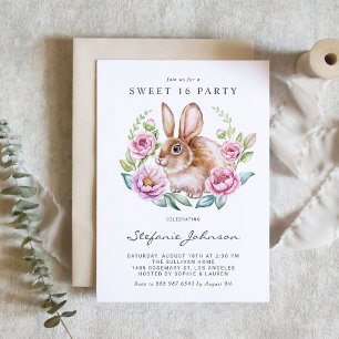 ウォーターカラーのウサギとピンクの花々 スウィート16パーティー 招待状