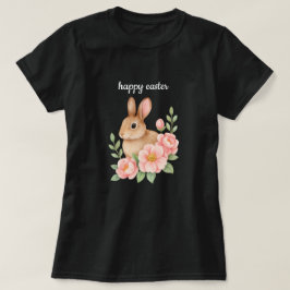 ウォーターカラーのウサギとピンクの花輪イースター Tシャツ