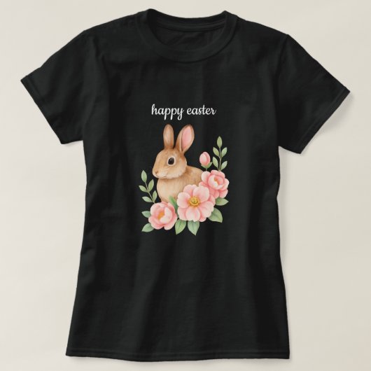 ウォーターカラーのウサギとピンクの花輪イースター Tシャツ (デザイン正面)