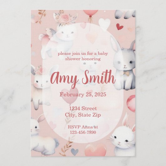 ウォーターカラーのウサギと子羊のベビーシャワー招待状 招待状 (正面)