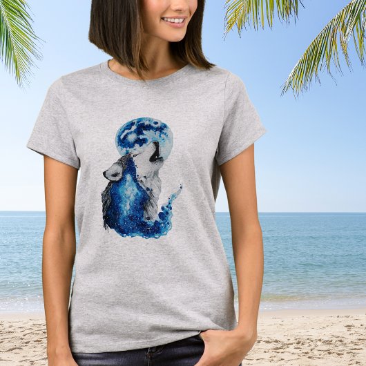 ウォーターカラーのオオカミと月 Tシャツ