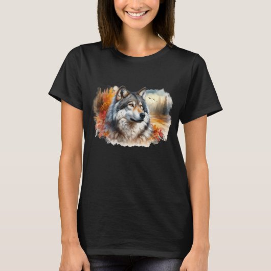 ウォーターカラーのオオカミ 秋 Tシャツ (正面)