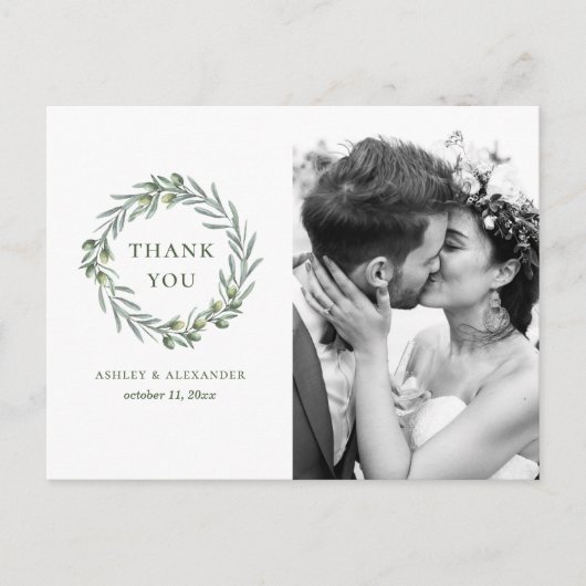 ウォーターカラーのオリーブの葉。イタリアの結婚式のお礼 ポストカード (正面)