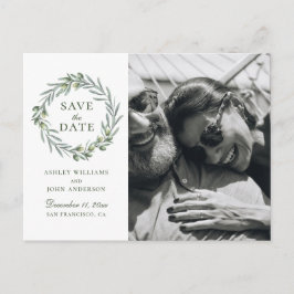 ウォーターカラーのオリーブ。エレガントなイタリア風の結婚式のSave the Date ポストカード