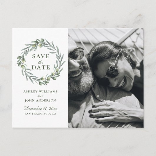 ウォーターカラーのオリーブ。エレガントなイタリア風の結婚式のSave the Date ポストカード (正面)