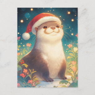 ウォーターカラーのカッコウアザラシのサンタ帽子 クリスマス ポストカード