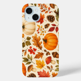 ウォーターカラーのカボチャと紅葉と森の秋 iPhone 15ケース