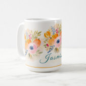 ウォーターカラーのカボチャと花 – 秋の花 コーヒーマグカップ (正面左)
