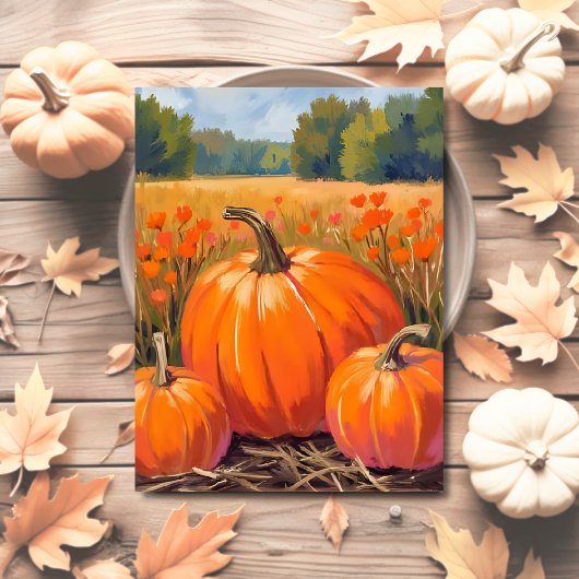 ウォーターカラーのカボチャ畑と紅葉 ポストカード