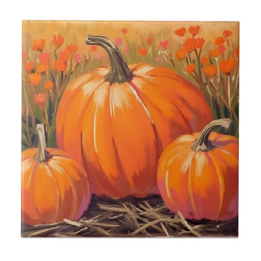 ウォーターカラーのカボチャ畑の紅葉 タイル (正面)