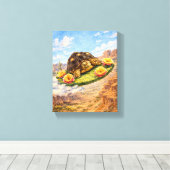 ウォーターカラーのカメが魔法のサボテンのパッドに乗って飛んでいる キャンバスプリント (インサイチュ (ウッドフロア))