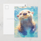 ウォーターカラーのカワウソの水遊び ポストカード (正面/裏面)