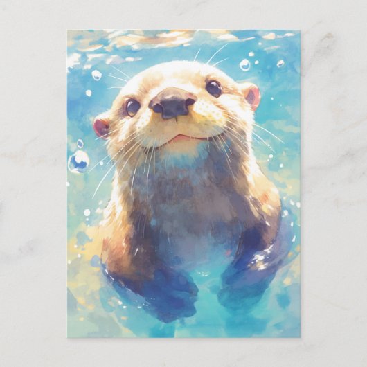 ウォーターカラーのカワウソの水遊び ポストカード (正面)