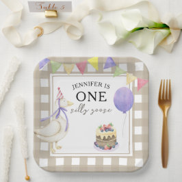 ウォーターカラーのガチョウ 1歳の誕生日 ペーパープレート
