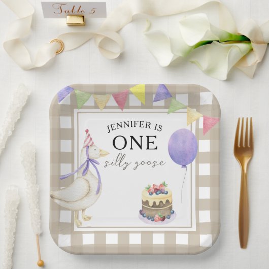 ウォーターカラーのガチョウ 1歳の誕生日 ペーパープレート (ウェディング)