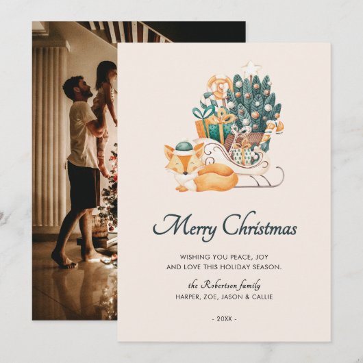 ウォーターカラーのキツネのクリスマスそり写真 シーズンカード (正面/裏面)