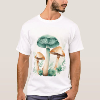 ウォーターカラーのキノコとシダ Tシャツ