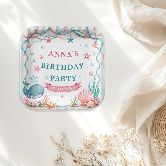 ウォーターカラーのクジラの誕生日パーティー ペーパープレート