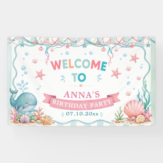 ウォーターカラーのクジラの誕生日パーティー 横断幕 (横)