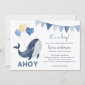 ウォーターカラーのクジラ "Ahoy It's a Boy" 男の子ベビーシャワー 招待状 (正面)