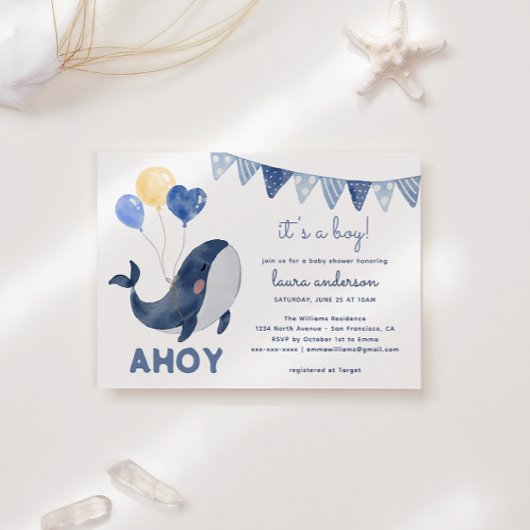 ウォーターカラーのクジラ "Ahoy It's a Boy" 男の子ベビーシャワー 招待状
