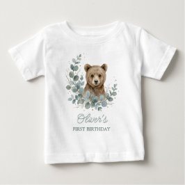 ウォーターカラーのクマとグリーンが可愛い男の子の1歳の誕生日 ベビーTシャツ