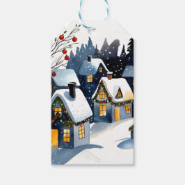 ウォーターカラーのクリスマスギフトタグ あったかい冬の村 ギフトタグ