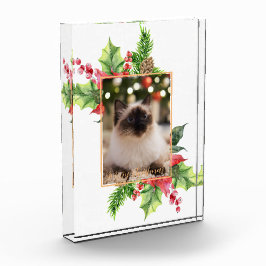ウォーターカラーのクリスマスグリーンとポインセチア フォトブロック