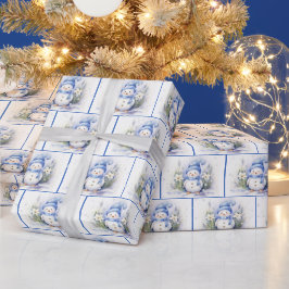 ウォーターカラーのクリスマススノーマンとスノーフレーク ラッピングペーパー