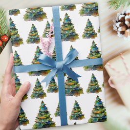 ウォーターカラーのクリスマスツリーとスノーフレークの絵 ラッピングペーパー