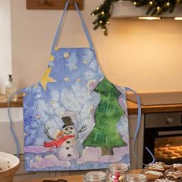 ウォーターカラーのクリスマスツリーとフロスティー・スノーマン エプロン