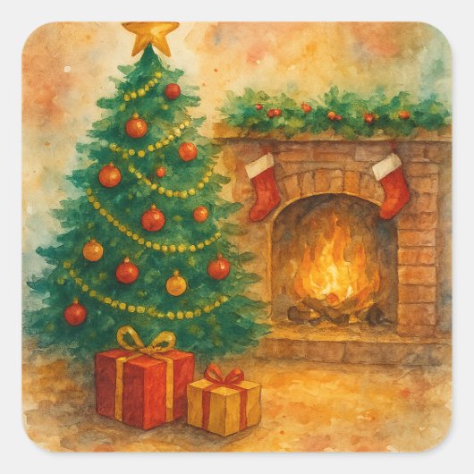 ウォーターカラーのクリスマスツリーと暖炉のホリデーイラスト スクエアシール (正面)
