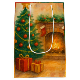 ウォーターカラーのクリスマスツリーと暖炉のホリデーイラスト ミディアムペーパーバッグ