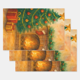 ウォーターカラーのクリスマスツリーと暖炉のホリデーイラスト ラッピングペーパーシート