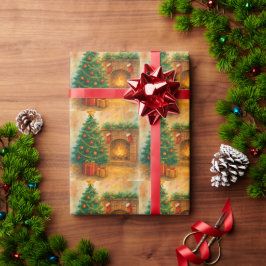 ウォーターカラーのクリスマスツリーと暖炉のホリデーイラスト ラッピングペーパー