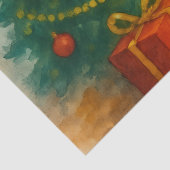 ウォーターカラーのクリスマスツリーと暖炉のホリデーイラスト 薄葉紙 (詳細)