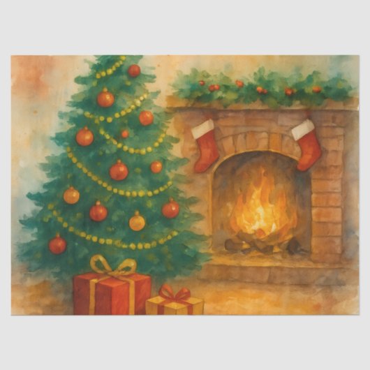 ウォーターカラーのクリスマスツリーと暖炉のホリデーイラスト 薄葉紙 (正面)