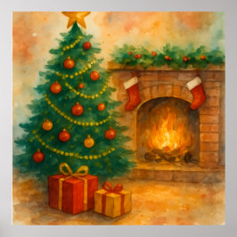 ウォーターカラーのクリスマスツリーと暖炉のホリデー ポスター