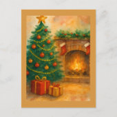 ウォーターカラーのクリスマスツリーと暖炉のホリデー ポストカード (正面)