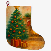 ウォーターカラーのクリスマスツリーと暖炉のホリデー
