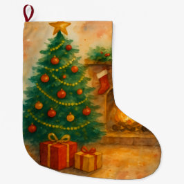 ウォーターカラーのクリスマスツリーと暖炉のホリデー ラージクリスマスストッキング
