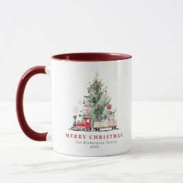 ウォーターカラーのクリスマスツリーと汽車のメリークリスマス マグカップ