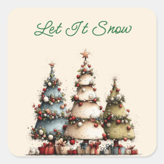 ウォーターカラーのクリスマスツリーと雪のステッカー スクエアシール