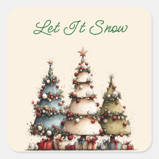 ウォーターカラーのクリスマスツリーと雪のステッカー スクエアシール (正面)