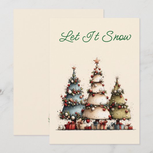 ウォーターカラーのクリスマスツリーと雪のデザインのクリスマスカード シーズンカード (正面/裏面)