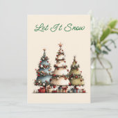 ウォーターカラーのクリスマスツリーと雪のデザインのクリスマスカード シーズンカード (スタンド正面)